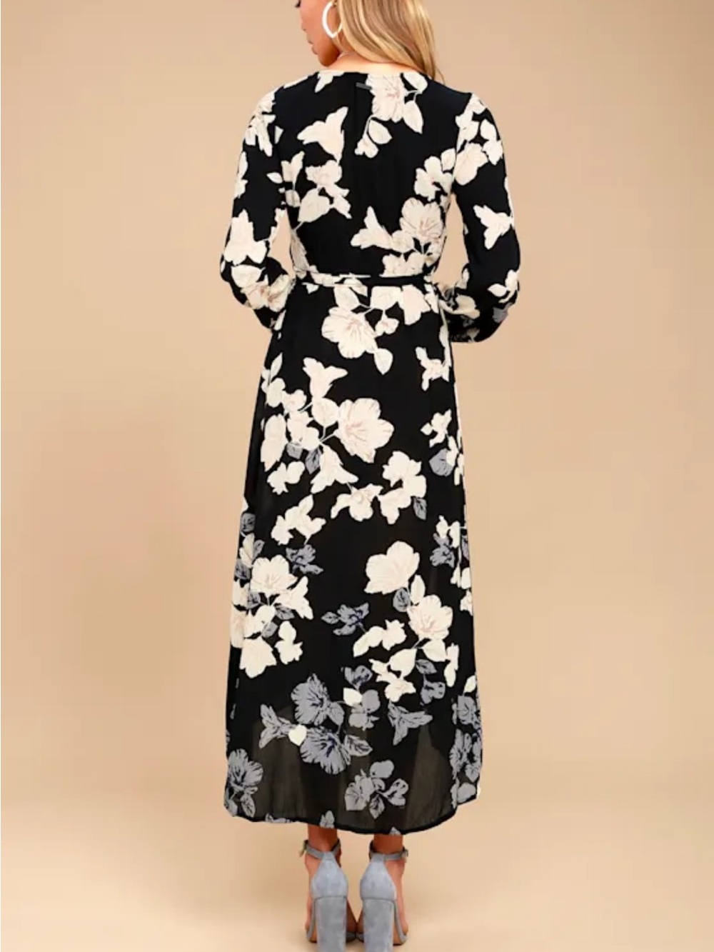 Lulu's Black Wrap Midi Dress with Cream Floral Print - Picture 4 of 4